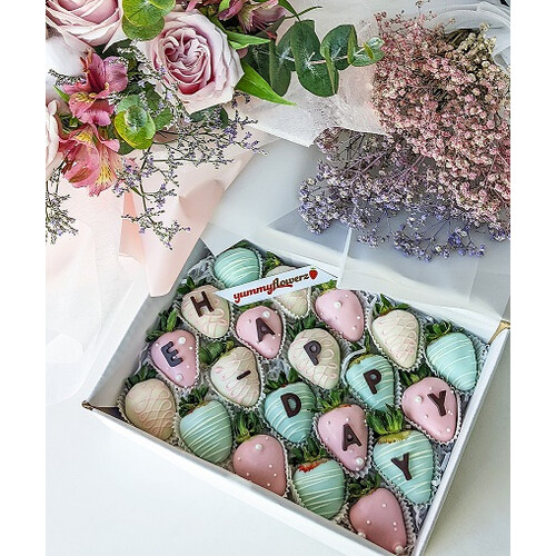 20pcs Pastel Green, Pink & White Chocolate Strawberries Gift Box (Custom Wording)